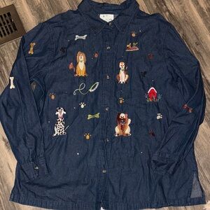 90s The Quacker Factory embroidered dog denim long sleeve woman’s top - 1 X